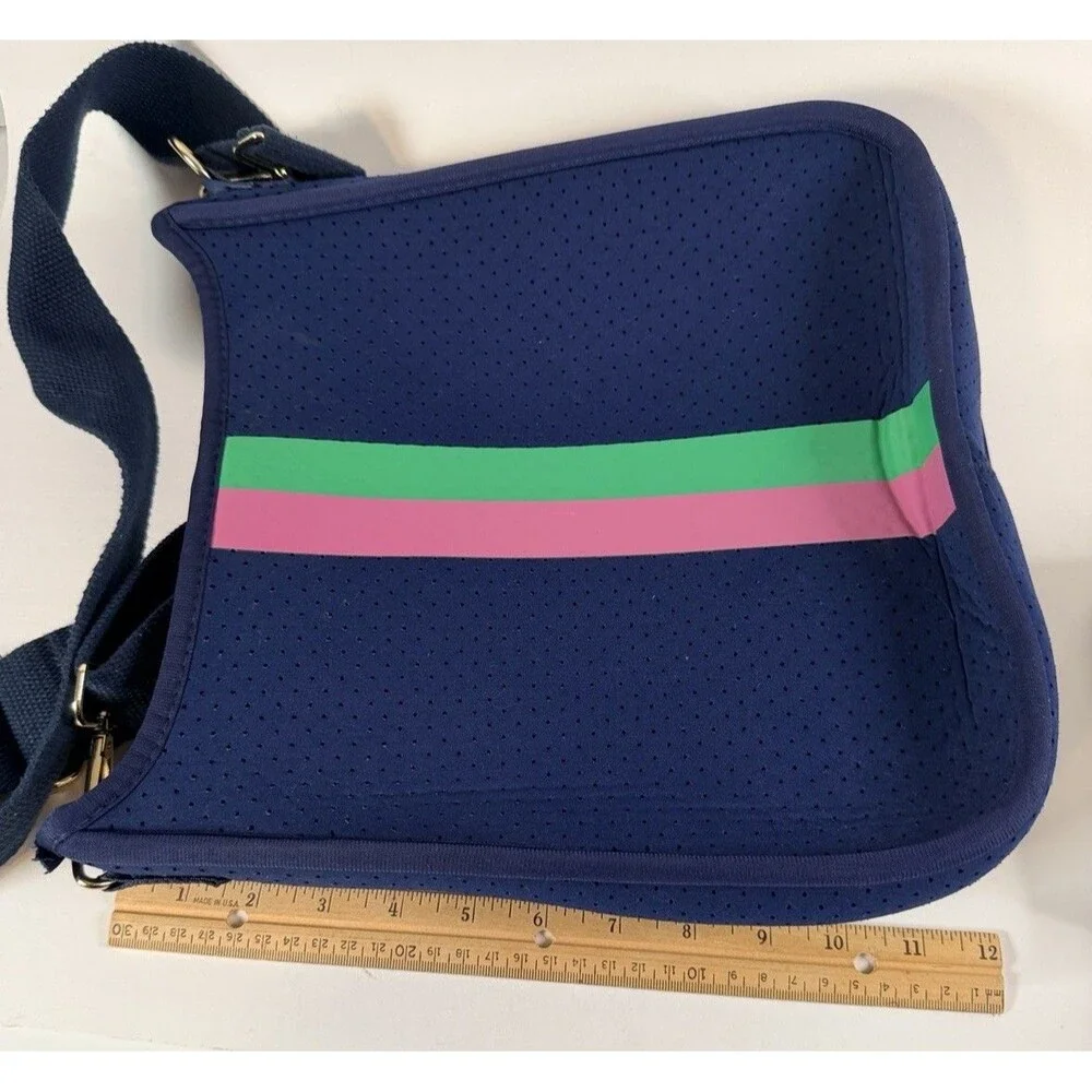 AHDORNED Classic Stripe Messenger Crossbody Bag Navy Perforated Neoprene Preppy
